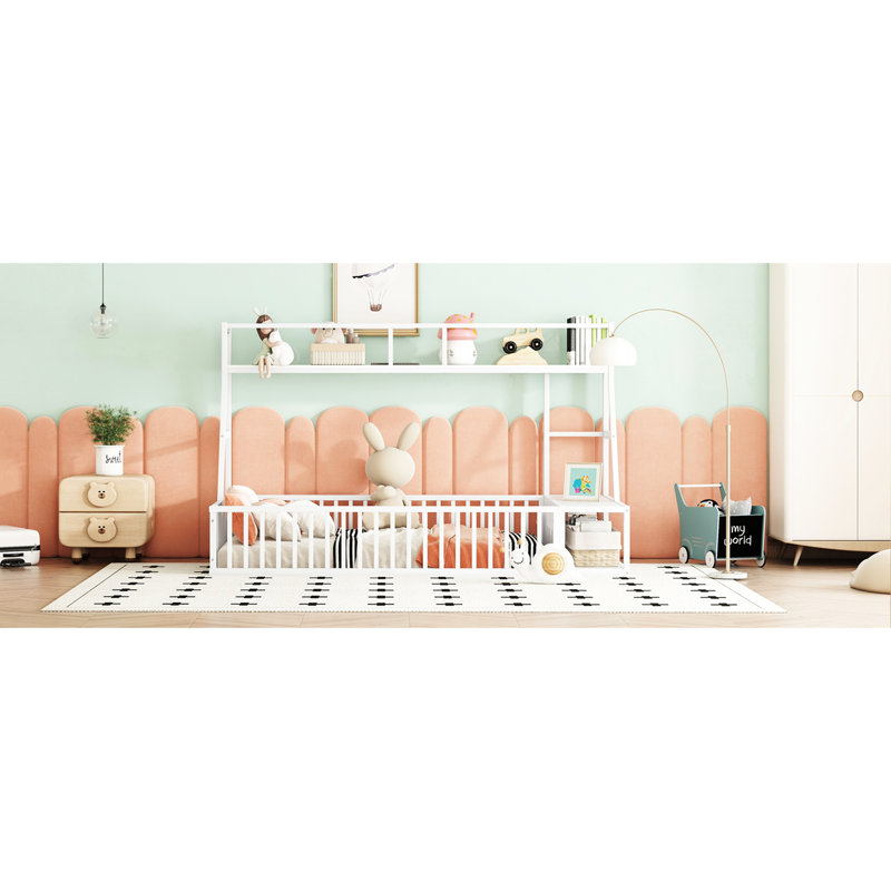 Lit simple en métal avec clôture, bureau et rangement - Espace blanc étincelant pour, Blanc cassé