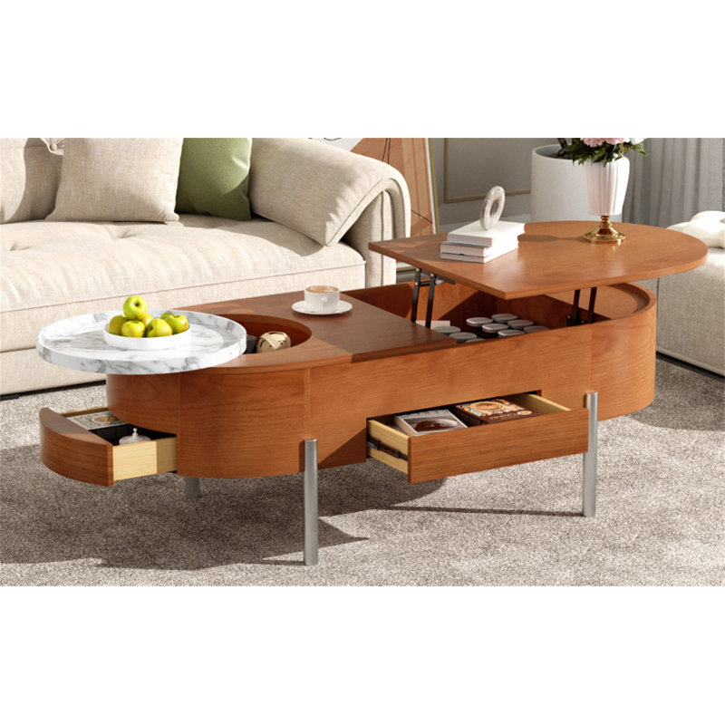 47.2''Lift Top Coffee Table With 360-Degree Marble-Patterned Rotating Tray,Hidden Compartment, Partially Assembled En Center Table, Modern Oval Lift Tabletop For Home Living Room