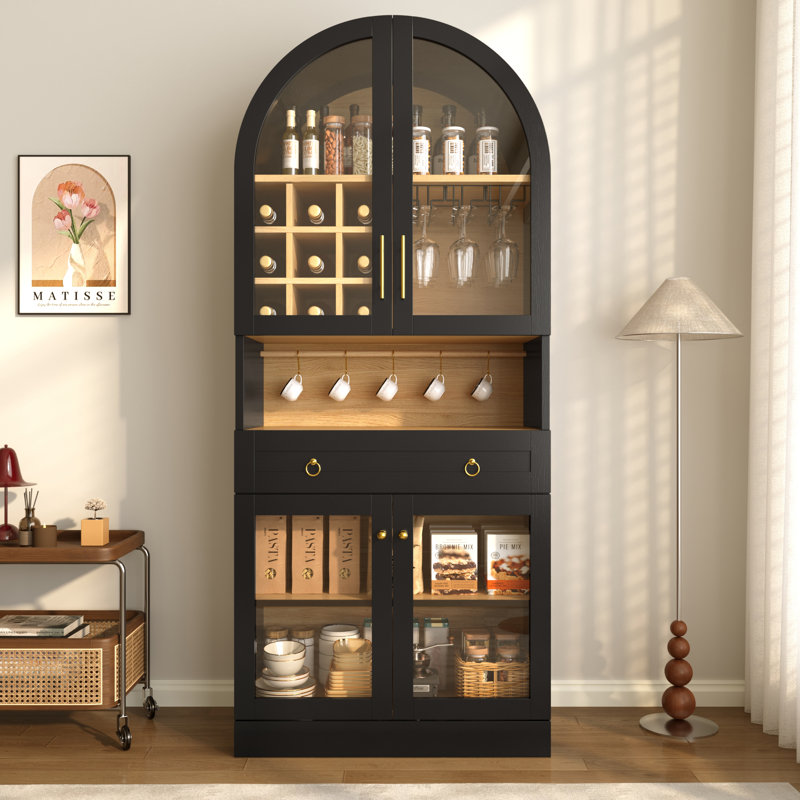 Meuble-bar arqué de 178 cm de haut, de style milieu du siècle, avec tablette réglable, 5 crochets, 9 casiers à bouteilles, 3 porte-verres, portes en verre trempé, cave à vin avec grand tiroir, noir