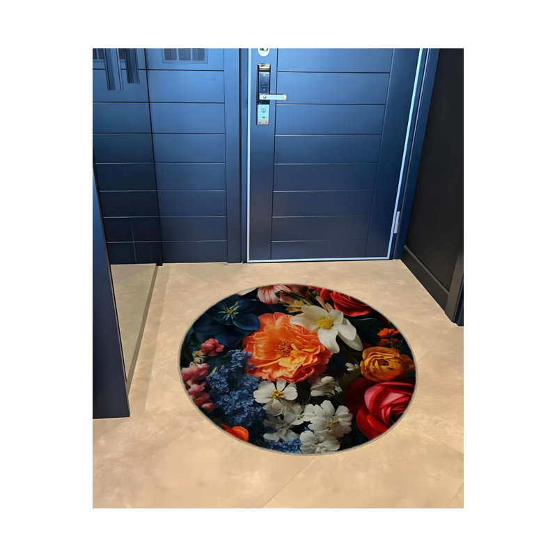 Woven Base Modern Decorative Carpet With Colorful Flower Details, Round 2'8"