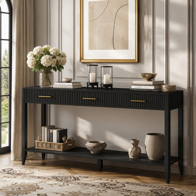 Console peinte 60 po avec 3 tiroirs, table d'entrée en bois avec tablette de rangement, table basse pour salon, couloir, vestibule, vestibule, couloir