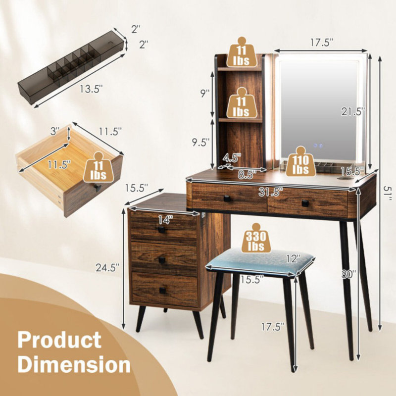 Ensemble de coiffeuse avec miroir lumineux, Brun / noir