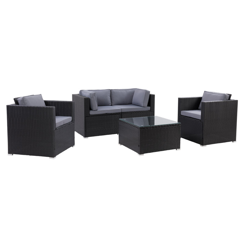 Ensemble de conversation modulaire en rotin 5 pièces avec coussins Newburyport, Gris, Noir