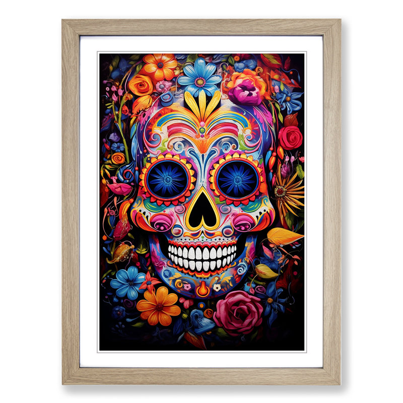Sugar Skull Expressionism - Single Picture Frame Print on Wood, 34cm H x 25cm W x 2cm D, Oak