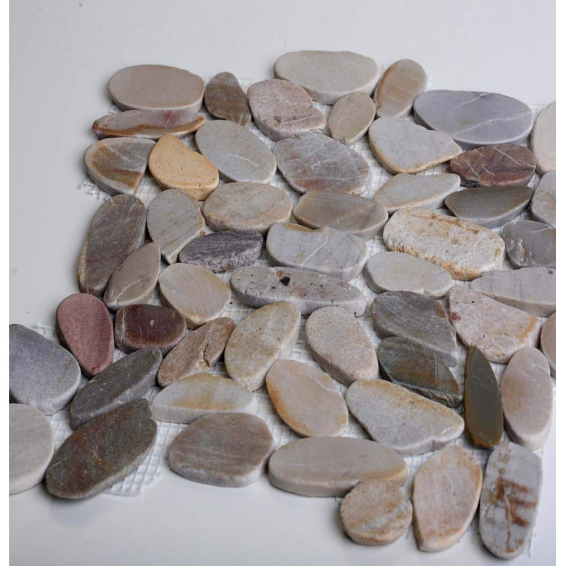 Mosaïque de galets plats en pierre naturelle couleur sable chaud, gris argenté, pour planchers et murs