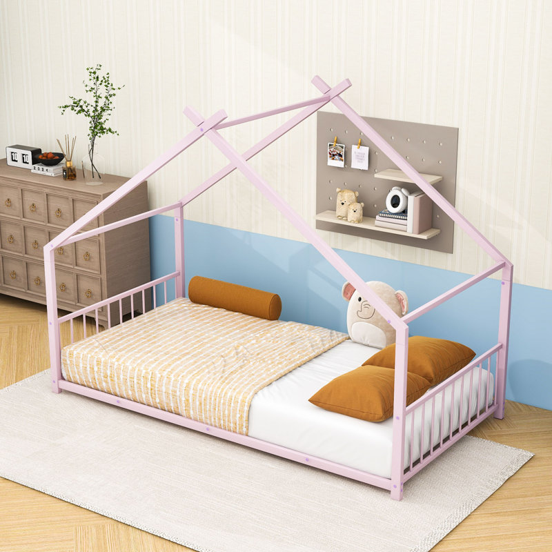 Metal House Bed With Roof And Sturdy Slats, Twin, Pink