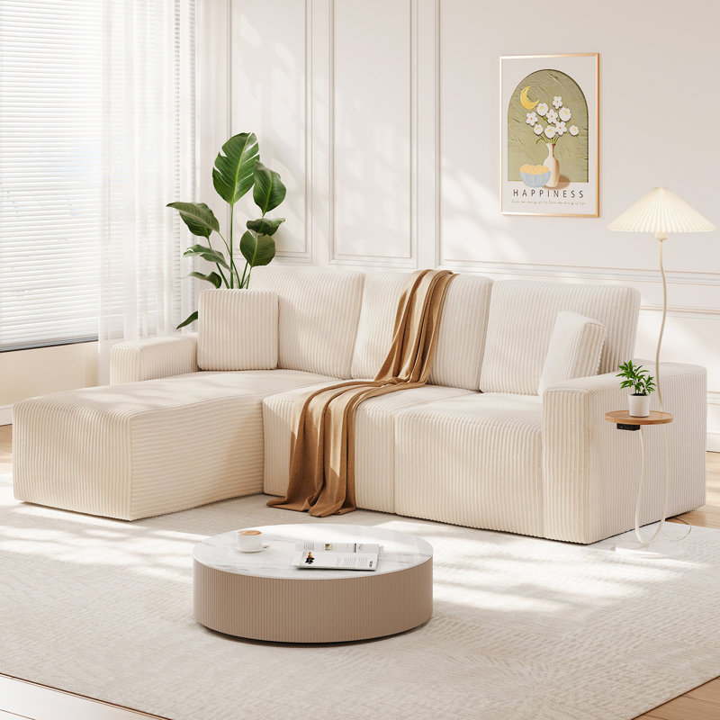 100-inch Corduroy L-shaped Sectional 3-person Modular Cloud Sofa, Beige Corduroy