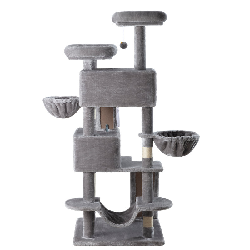 Plateforme d'arbre à chat avec tapis H 66 po et condos inclus, Gris