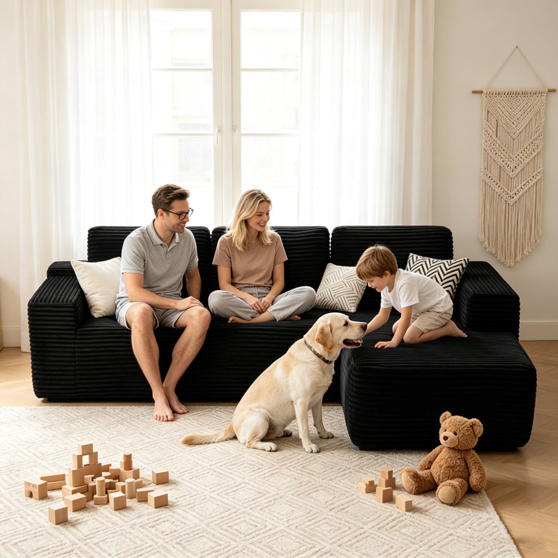 Boneless Corduroy L-Shape Modular Sectional Couch with Chaise - Soft Upholstered, Roomy Deep Seat, No Assembly Required, Timeless Stylish Furniture for Living Room Bedroom Apartment Home Office