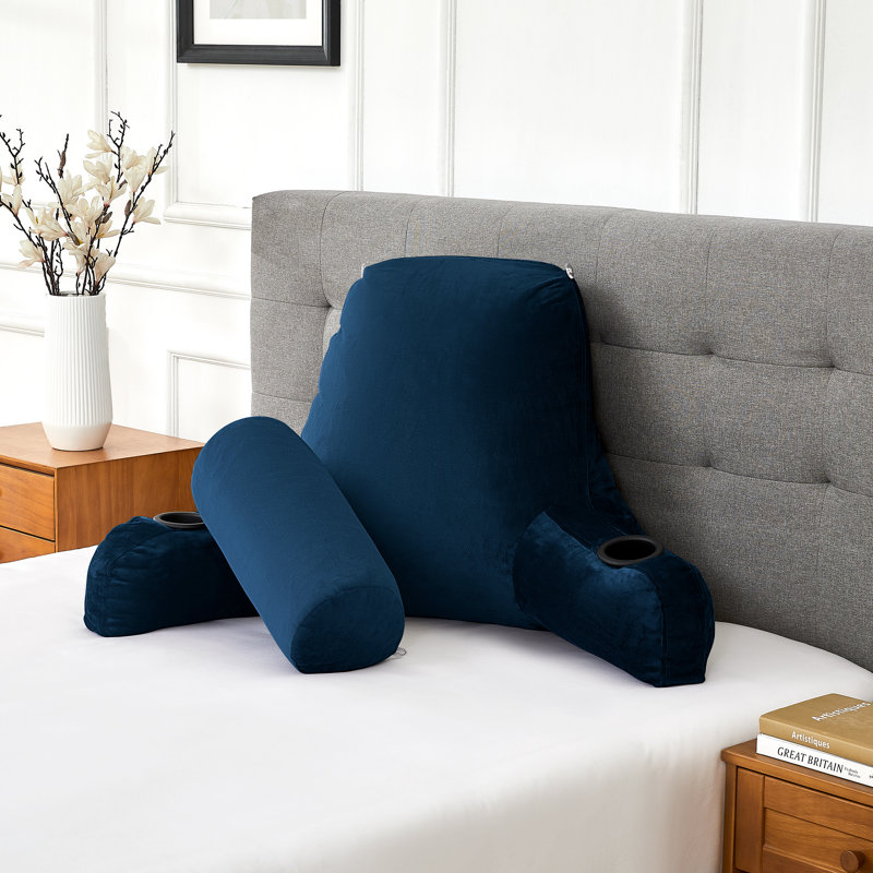 Bourland Large Oversized Reading and Bed Rest Pillow with Cup Holders and detachable neck roll , Navy