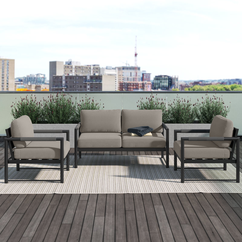 Aydhin 3 Piece Deep Sofa Seating Group with Sunbrella Cushions, Toile Sunbrella® naturel, Noir onyx