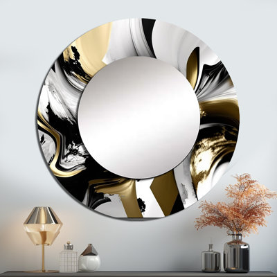 Golden Wave Reflections II - miroir abstrait, miroir mural rond unique moderne, impression d'art en métal