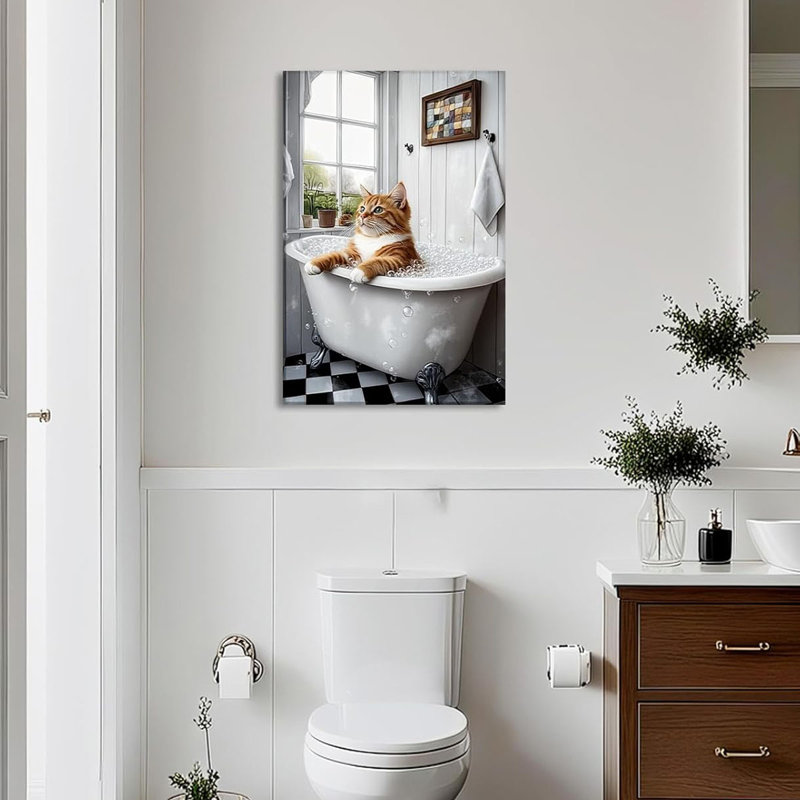 Cat Bathroom Canvas Wall Art Funny Pet Bathing Posters Prints Orange Cat in the Bathtub Picture Modern Artwork for Home Wall Decor Framed, 16.00x24.00 inch