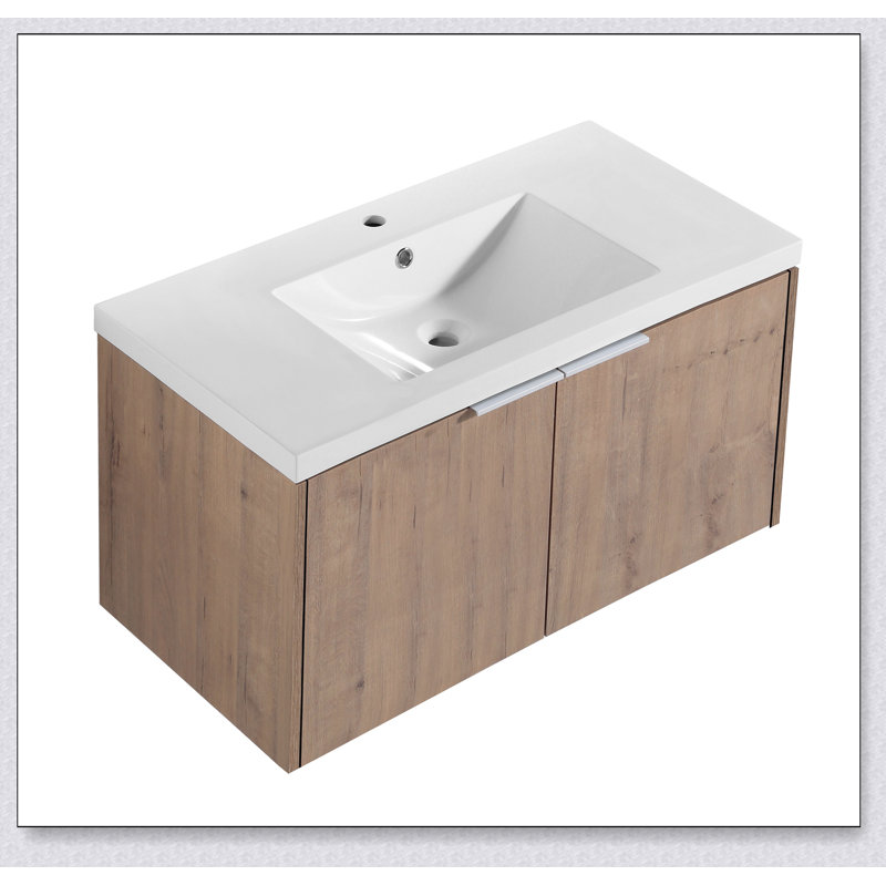 Meuble-lavabo à fixation flottante 36 po avec porte à fermeture en douceur et 2 portes Modern Design, Imitation chêne