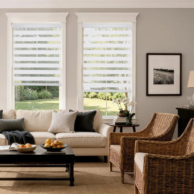 Pro Cordless Zebra Roller Shades Dual Layer Light Control Blinds, Free-Stop Window Blinds Light-Proof Aluminum Cover & Easy Installation, White, 22" W x 75" H