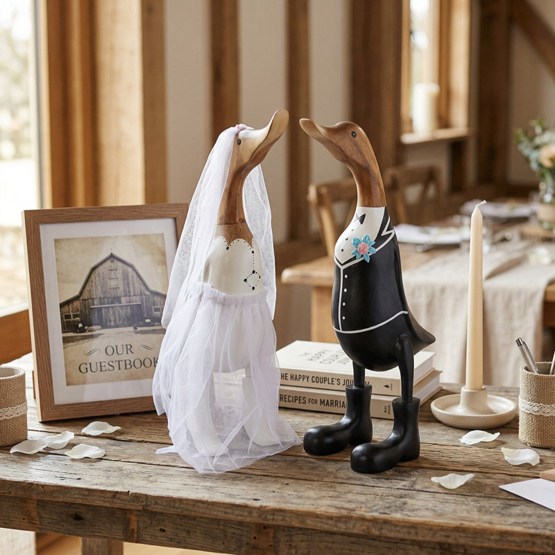 Ensemble de 2 pièces de sculpture décorative en bois de canard de mariage - statues de canard de la mariée et du marié, décor de table unique, décor de salon et de maison - 16 po