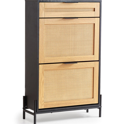Rattan Shoe Cabinet, Narrow Shoe Storage Organizer With 2 Flip Rattan Drawers & 1 Slide Drawer, Metal Legs, Slim Shoe Entryway Cabinet Ideal