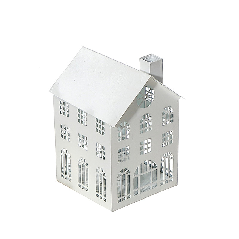 Metal House Tealight Holder (Large), 6" H x 5" W x 8" D, White