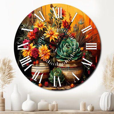 Boho Mexican Pottery Blooms - Boho Pottery White Face Wall Clock