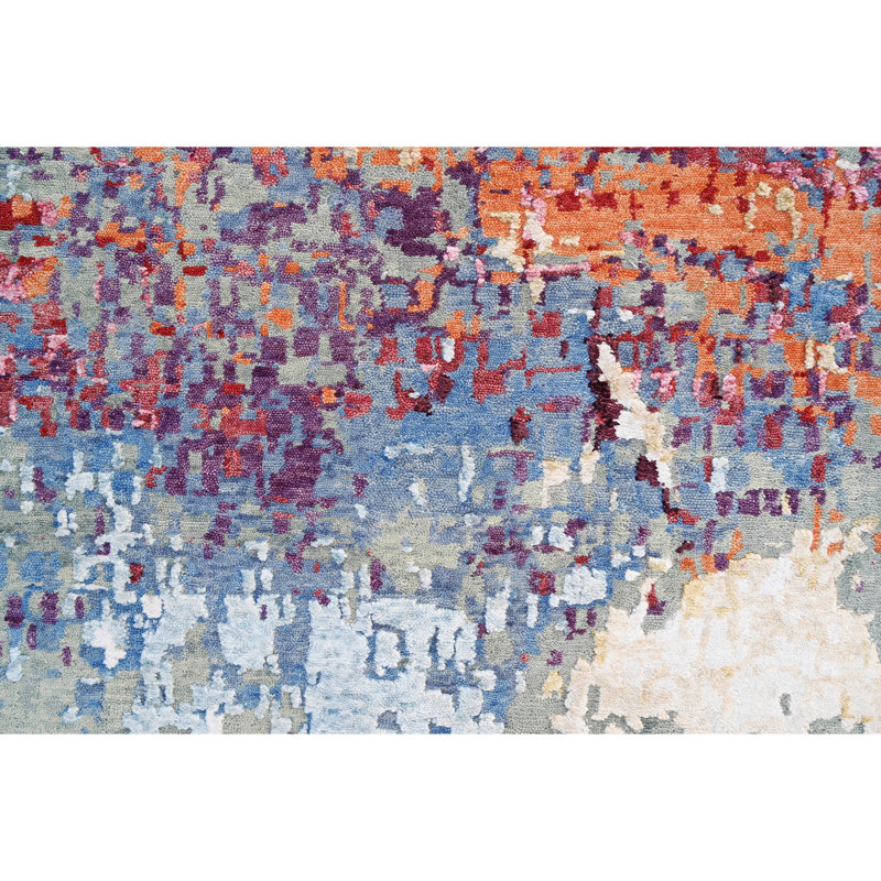 Hand Knotted Abstract Area Rug in Turquoise/Red/Gray/Pink, Rectangle 8' x 10'