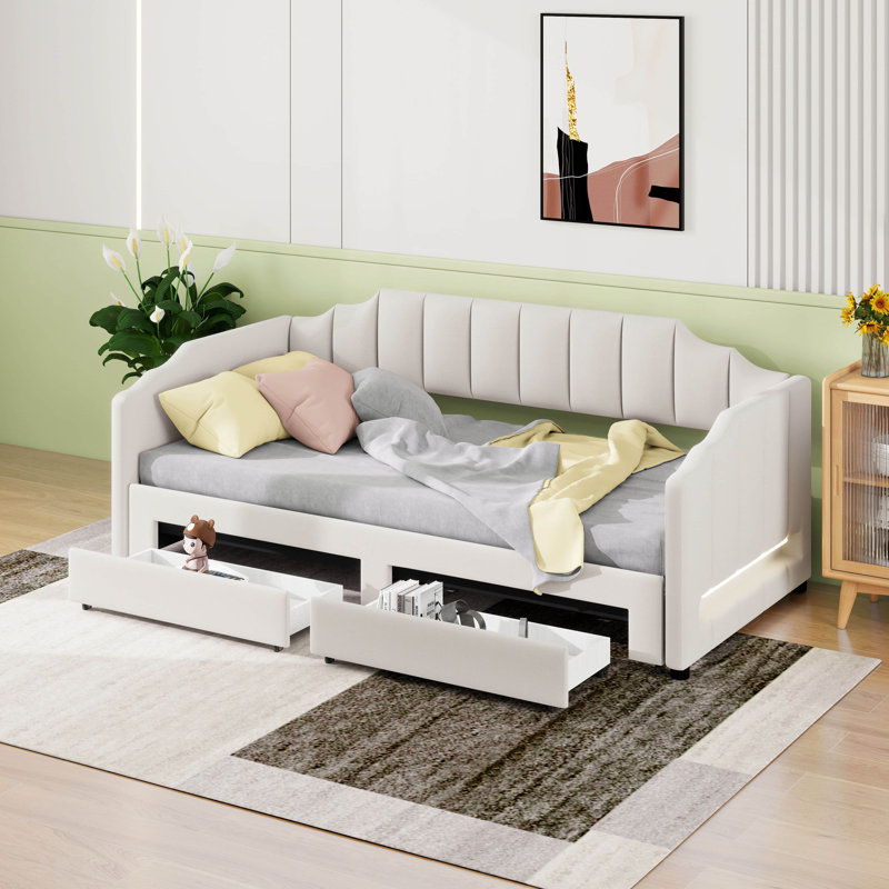 Lit de jour simple TG à très grand lit avec 2 tiroirs de rangement et lit de jour rembourré extensible simple de taille XL pour petit espace