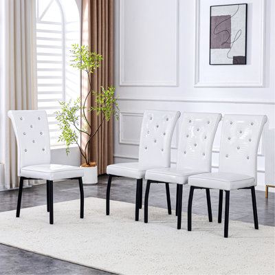 A Set Of 4 White And Black Vintage Crocodile Leather Cushioned Dining Chairs, Featuring Crystal Clasp Design And Artificial Leather Design, Adding A Touch Of Elegance And Mystery To The Dining Area
