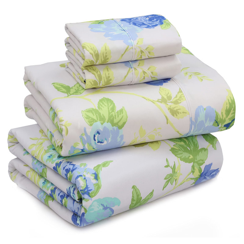 Ensembles de draps 100% microfibre brossée 4 pièces de draps de 16 po, Vitalité, Très grand, Floral