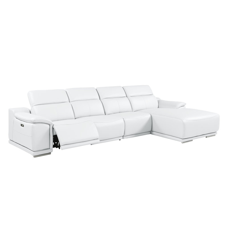 Canapé modulaire blanc en L en cuir véritable 4 pièces faisant face à droite avec 1 fauteuil inclinable électrique et appuis-tête réglables