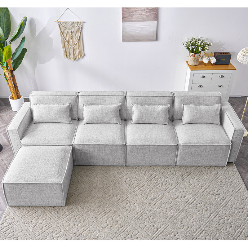 Canapé modulaire rembourré 5 pièces Taufner, 100 % lin gris
