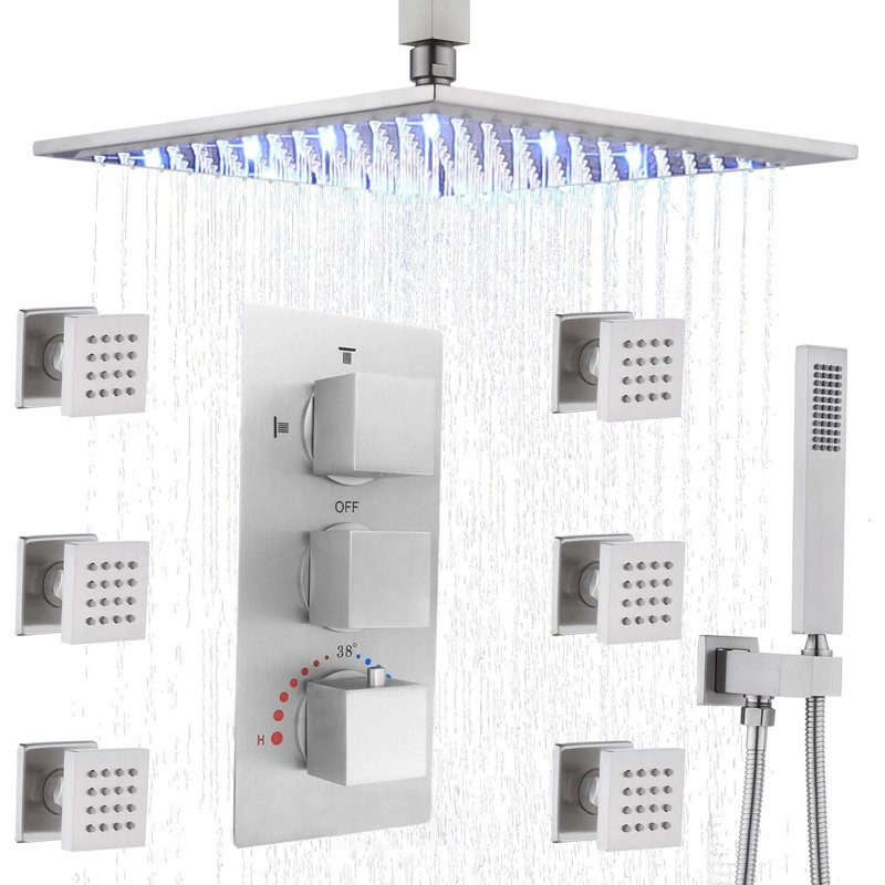 Ensemble de robinet de douche thermostatique 12 "à DEL avec douchette de pluie thermostatique