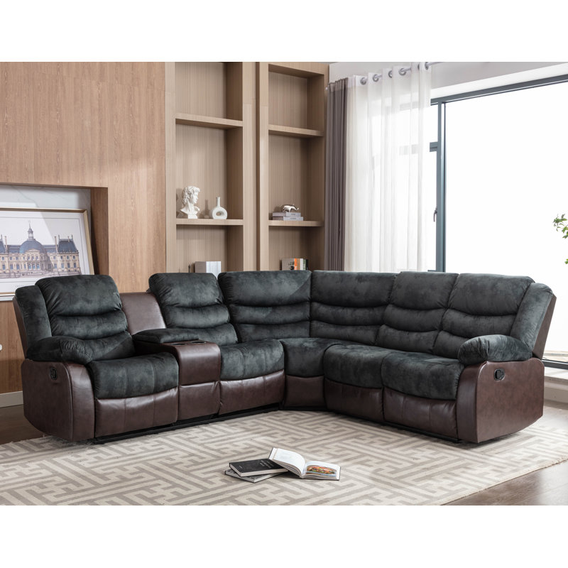 7 - Piece Modern Faux Leather Match Pillow Top Arm Manual Reclining Sectional Sofa, Chocolate/Anchor Leather Match