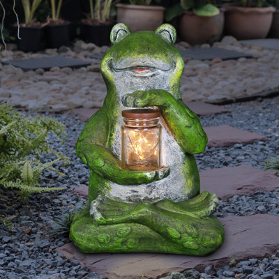 Exhart Solar Frog Kathy Ireland Garden Statue Holding a Firefly Jar with Eight LED Fairy Lights