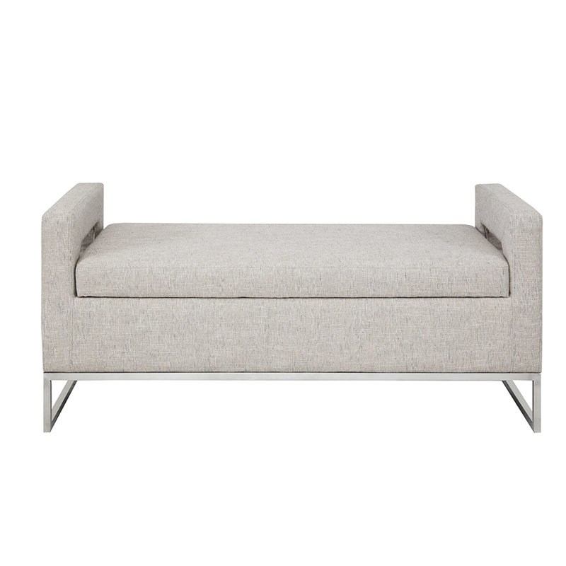 Banc doux rembourré gris avec base en bois massif et rangement rectangulaire de style - Contreplaqué l 50 po x P 20 po pour le salon de la chambre à coucher