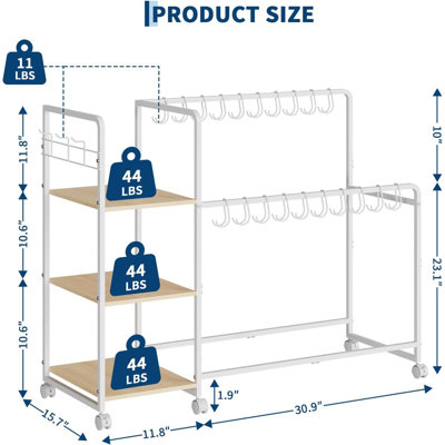 Support de rangement à 3 niveaux pour garde-robe - 20 cintres, 3 crochets, roulettes, support de sac à main en bois pour chambre à coucher