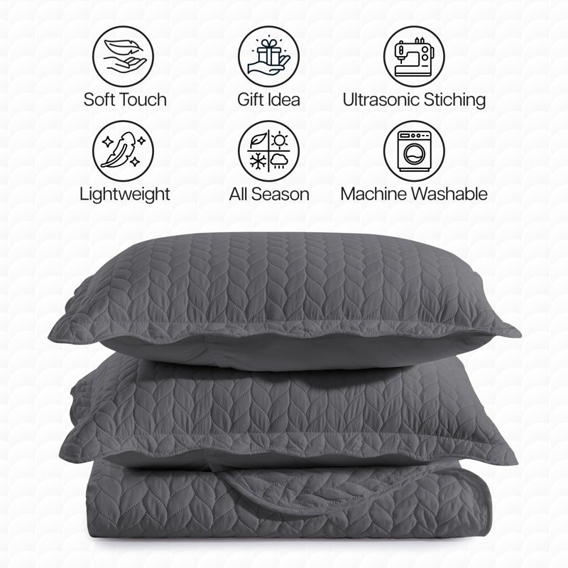 Microfiber Embossed Oversized Modern & Contemporary Bedspread Set With Shams, California King Bedspread + 2 Pillowcases, Gray