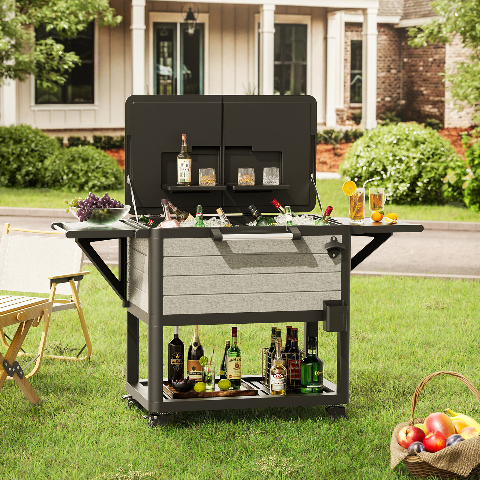 Hermes 104-Qt Outdoor Resin Rolling Patio Cooler On Wheels Woodgrain Style & Reviews | Wayfair