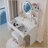 Round LED Mirror Vanity Table with Cushioned Stool, 2 AC+2 USB Sockets, Big Mirror, Touch Switch, 3 Light Colors, Adjustable Brightness-1911162066