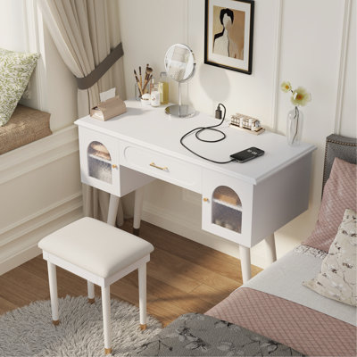 Elegant Vanity With Power Outlets, Ample Storage, And Soft - Closing Hydraulic Hinges Makeup Table Built In Power, Glass, Top
