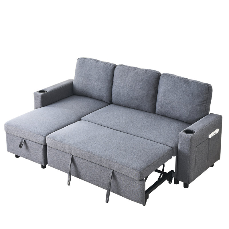 Lit en lin gris foncé, réversible avec rangement pratique et confortable