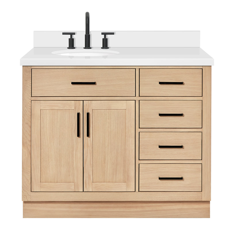 Meuble-lavabo simple en bois massif 42 po Tidworth avec plateau en quartz blanc 1,5 po, Gauche, Ovale, Chêne naturel