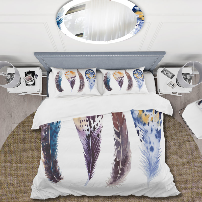 Ensemble de housse de couette bohème et éclectique Colorful Colorful Boho Feather - microfibre de polyester