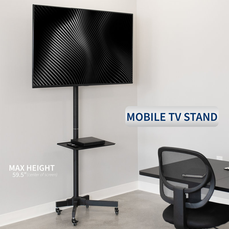 Black Adjustable Mobile TV Cart with Shelf and Wheels