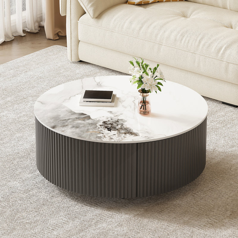 Table basse ronde moderne mobile avec roulettes, 2 tiroirs, plateau en pierre frittée à motif marbré, gris, 29,5 po