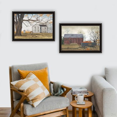 Trendy Decor 4U 2- Piece Vignette Farmhouse, Barn & Pumpkin Wagon Framed Wall Art For Living Room, Bedroom Wall Art Print For Home Decor By Billy Jaco