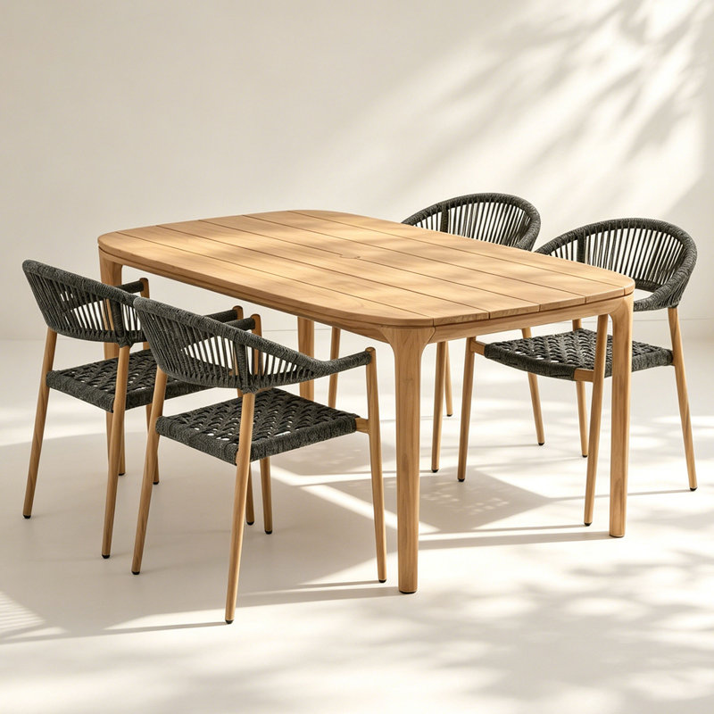 5-Piece Solid Teak Outdoor Dining Set, Rectangle Table with 4 Rope Chairs
