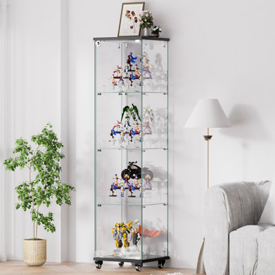 Glass Display Cabinet With 4-Shelf And Lock, Glass Display Case Curio Cabinet With Wheels And 3 Acrylic Shelves Floor Standing Bookshelf, 15.8" X 14.2" X 65.1"