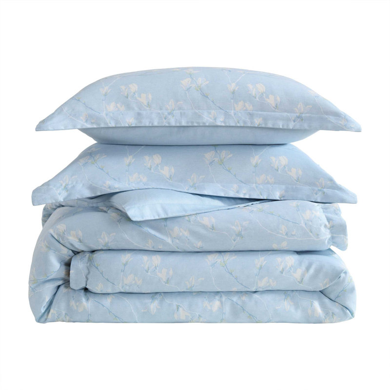 Laura Ashley Magnolia Grove Cotton Reversible Blue Comforter Set, Queen Comforter + 2 Standard Shams