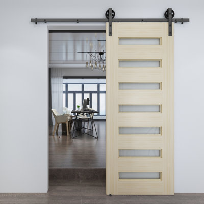 Milan 37'' x 84'' Solid + Manufactured Wood Frosted Glass Unfinished without Installation Hardware Kit Barn Door