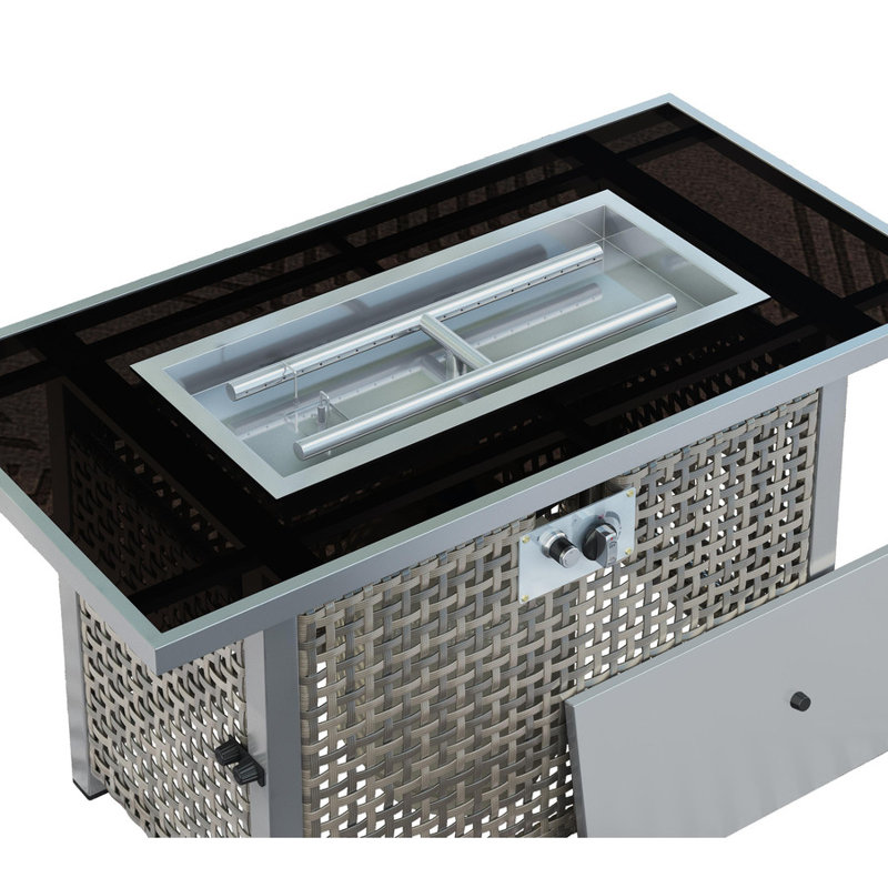 43" Propane Gas Fire Pit Table, 60000 BTU Rectangular Open Weave Wicker Fire Pit with Glass Wind Guard for Outside Patio Deck Garden Backyard
