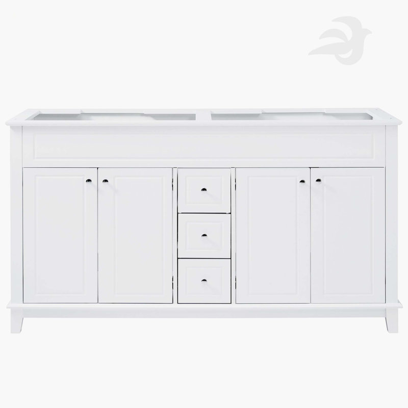 Armoire de meuble-lavabo 58 po seulement, 3 tiroirs et 4 portes (2 avec tablettes à double couche), pieds en bois massif, fermeture en douceur, blanc